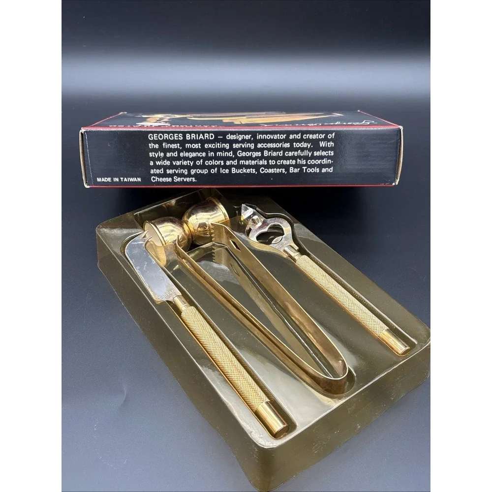Mid Century Georges Briard 4-Piece 22K Gold Plated Bar Tool Set in Original Box